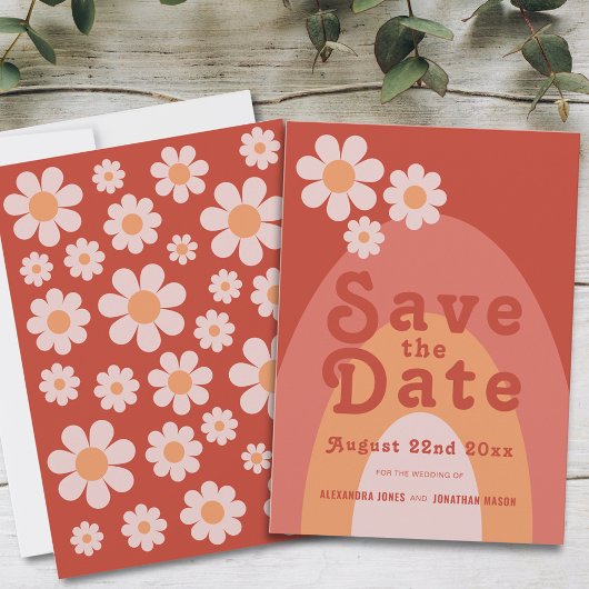 Modern Retro 70s bruiloft Save The Date