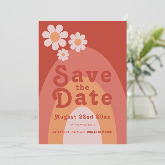 Modern Retro 70s bruiloft Save The Date (Staand voorkant)