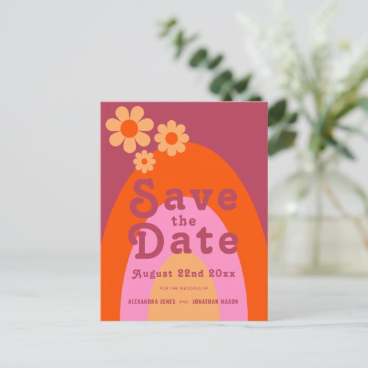 Modern Retro 70s bruiloft Uitnodiging Briefkaart (Staand voorkant)