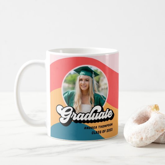 Modern Retro 70s Groovy Afstuderen Foto Gift Koffiemok (Met donut)