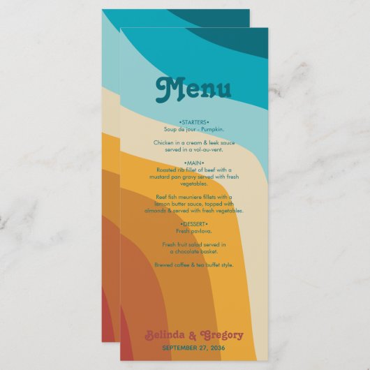 Modern Retro 70's kleurrijke regenbooggolven bruil Menu (Voorkant / Achterkant)
