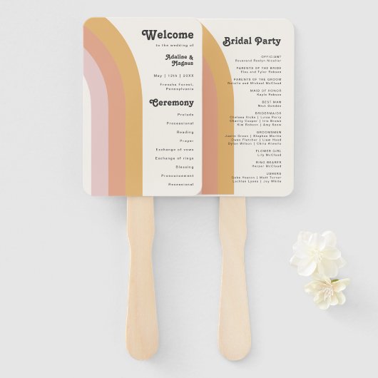 Modern Retro 70's Rainbow Wedding Program Hand Fan Handwaaier (Voorkant en achterkant)