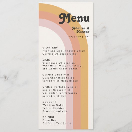 Modern Retro 70's regenboog | Menu Weddenrennen (Voorkant)