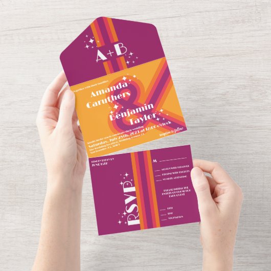 Modern, retro alles in één bruiloft uitnodiging (Afscheurbaar)