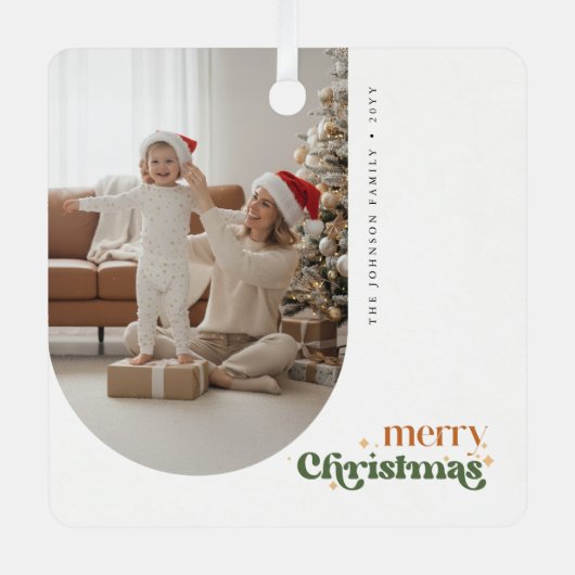 Modern Retro Arch Family Photo Christmas Holiday Metalen Ornament (Voorkant)