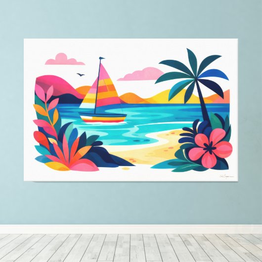 Modern retro beach scene 01 canvas afdruk (Insitu (Houten vloer))