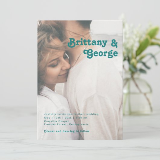 Modern Retro | Blauwgroen Casual Faded-fotoweddens Kaart (Staand voorkant)