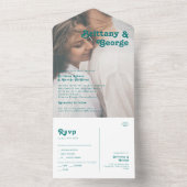 Modern Retro | Blauwgroen Faded-fotozegel en verze All In One Uitnodiging (Binnen)