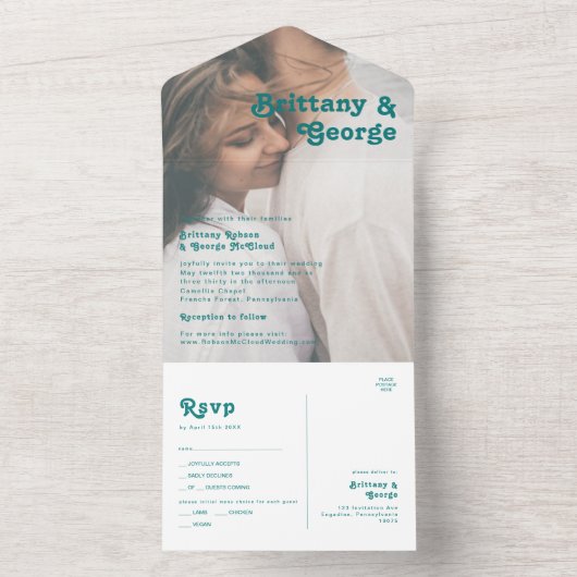 Modern Retro | Blauwgroen Faded-fotozegel en verze All In One Uitnodiging (Binnen)