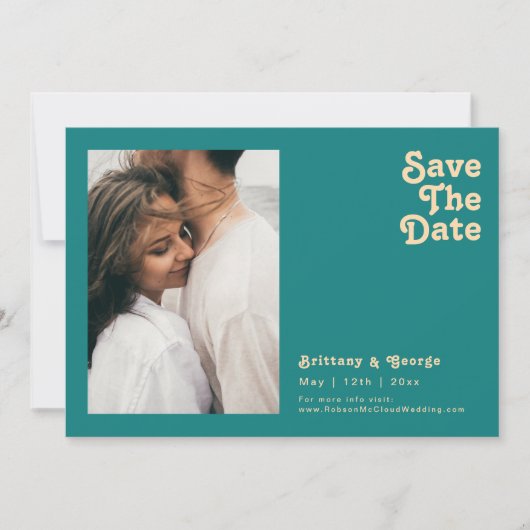 Modern Retro | Blauwgroen foto horizontaal sparen  Save The Date (Voorkant)
