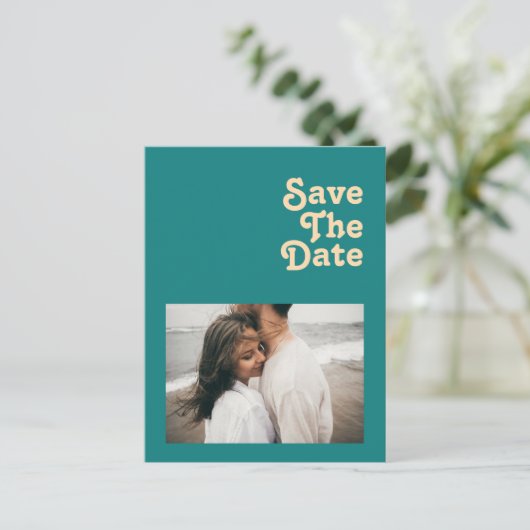 Modern Retro | Blauwgroen foto slaat de datum op Uitnodiging Briefkaart (Staand voorkant)