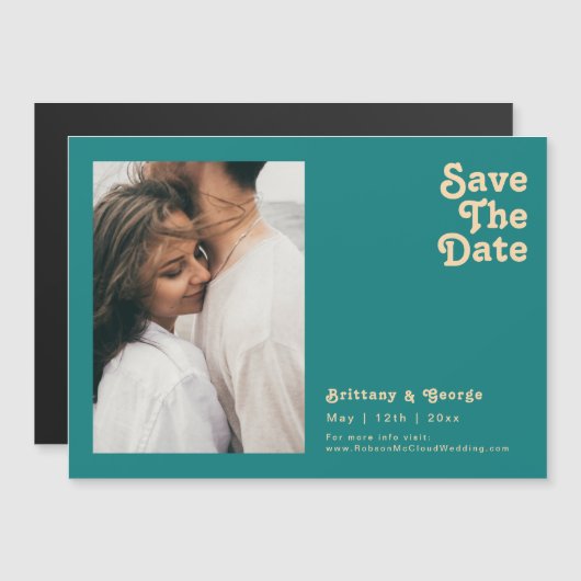 Modern Retro | Blauwgroen horizontaal sparen de da Magnetische Uitnodiging (Voorkant / Achterkant)