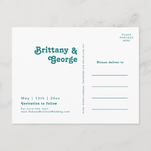 Modern Retro | Blauwgroen sparen de Datum Uitnodiging Briefkaart (Achterkant)