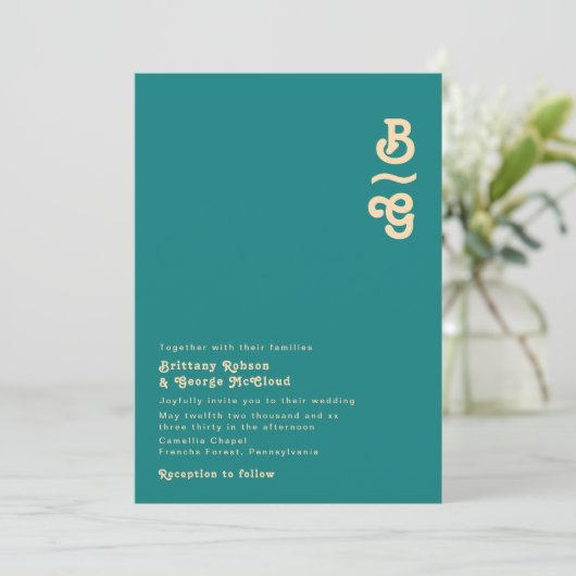 Modern Retro | Blauwgroen uitnodiging tot weddensc (Staand voorkant)