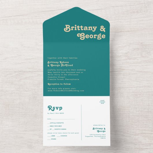 Modern Retro | Blauwgroen zegel en verzenden All In One Uitnodiging (Binnen)
