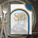 Modern Retro Blue And Gold Photo Birthday Kaart<br><div class="desc">These minimlistic retro 80th birthday invitations, are perfect for a birthday celebration. The invitations feature a retro theme with shades of blue and gold. A modern birthday party invitation template over your photo framed with arches in modern blue and gold tones. The font styles and color can be changed by...</div>