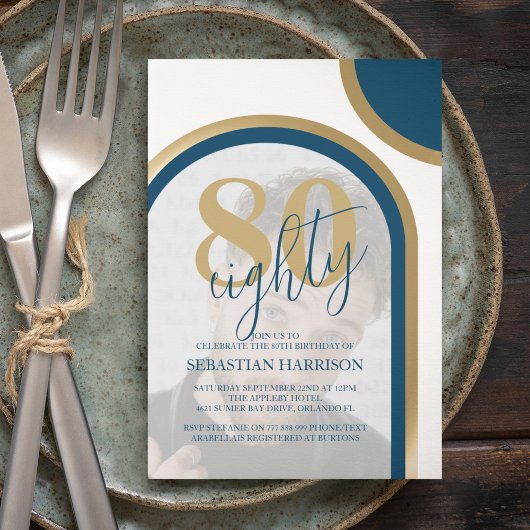 Modern Retro Blue And Gold Photo Birthday Kaart