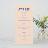 Modern Retro Blue & Beige 'Let's Eat!' Wedding Menu (Staand voorkant)