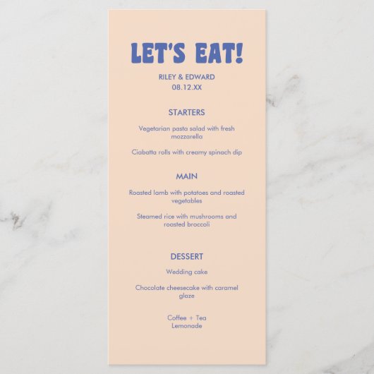 Modern Retro Blue & Beige 'Let's Eat!' Wedding Menu (Voorkant)