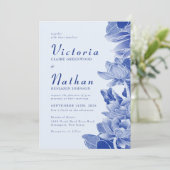 Modern Retro Blue Chinoiserie Floral Photo Wedding Kaart (Staand voorkant)