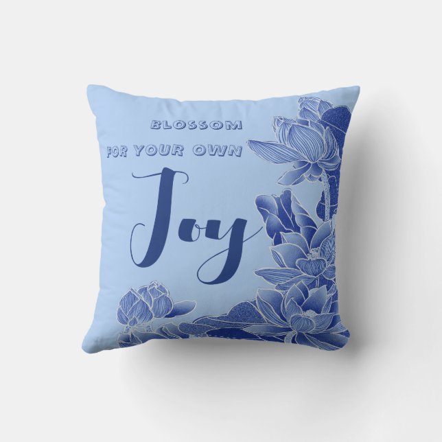 Modern Retro Blue Chinoiserie Lotus Zen Quote Kussen (Achterkant)