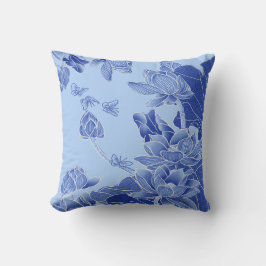 Modern Retro Blue Chinoiserie Lotus Zen Quote Kussen