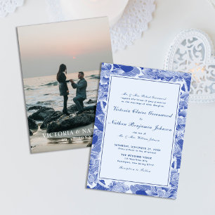 Modern Retro Blue Chinoiserie met foto-bruiloft Kaart