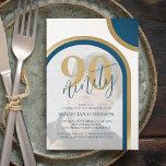 Modern Retro Blue en Gold Photo Birthday Invitati Kaart<br><div class="desc">Deze minimalistische retro 90ste verjaardagsuitnodigingen, zijn perfect voor een verjaardagsfeest. De uitnodigingen bevatten een retro thema met tinten blauw en goud. Een moderne verjaardagsfeestuitnodiging sjabloon over je foto, omgeven met arches in moderne blauwe en goudtinten. De doopvontstijlen en de kleur kunnen worden veranderd door op de pas verdere verbinding na...</div>