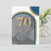 Modern Retro Blue en Gold Photo Birthday Kaart (Staand voorkant)