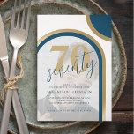 Modern Retro Blue en Gold Photo Birthday Kaart<br><div class="desc">Deze minimalistische retro 70ste verjaardagsuitnodigingen, zijn perfect voor een verjaardagsfeest. De uitnodigingen bevatten een retro thema met tinten blauw en goud. Een moderne verjaardagsfeestuitnodiging sjabloon over je foto, omgeven met arches in moderne blauwe en goudtinten. De doopvontstijlen en de kleur kunnen worden veranderd door op de pas verdere verbinding na...</div>