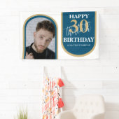 Modern Retro Blue en Gold Photo Birthday Spandoek (Insitu)