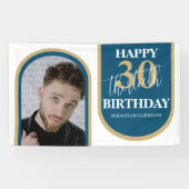 Modern Retro Blue en Gold Photo Birthday Spandoek (Horizontaal)