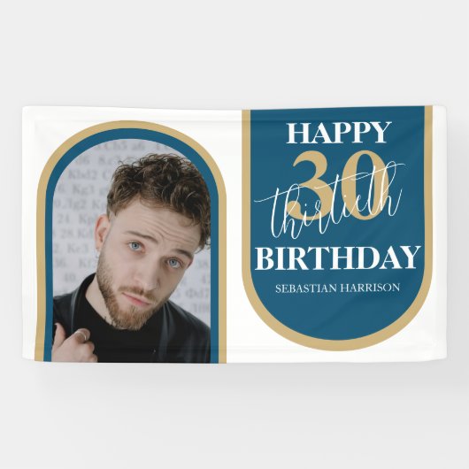 Modern Retro Blue en Gold Photo Birthday Spandoek (Horizontaal)