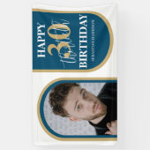 Modern Retro Blue en Gold Photo Birthday Spandoek (Verticaal)