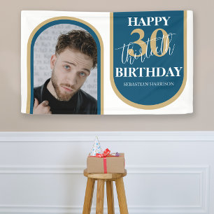 Modern Retro Blue en Gold Photo Birthday Spandoek