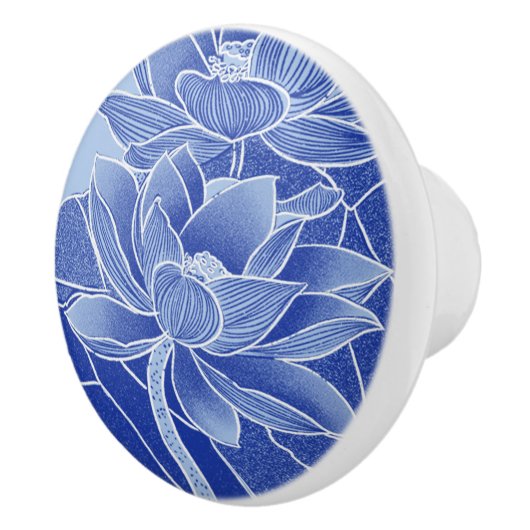 Modern Retro Blue Flowers Lotus Mandala Waterlily Keramische Knop (Rechts)