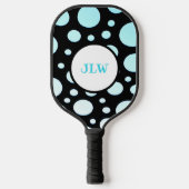 Modern Retro Blue Polka-stippen op zwart Pickleball Paddle (Voorkant)