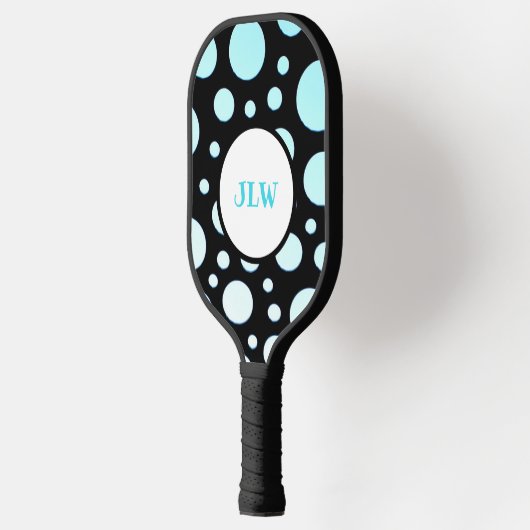 Modern Retro Blue Polka-stippen op zwart Pickleball Paddle (Links)