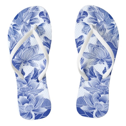 Modern Retro Blue Willow Chinoiserie Lotus Floral Teenslippers (Voetbed)