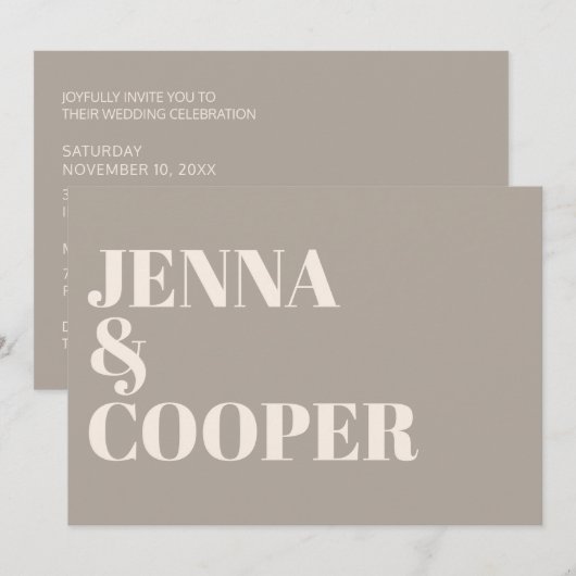 Modern Retro Bold Typography Taupe & Linen Wedding Kaart (Voorkant / Achterkant)