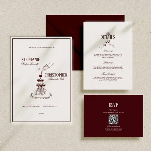 Modern Retro Burgundy Wedding QR Code RSVP Informatiekaartje