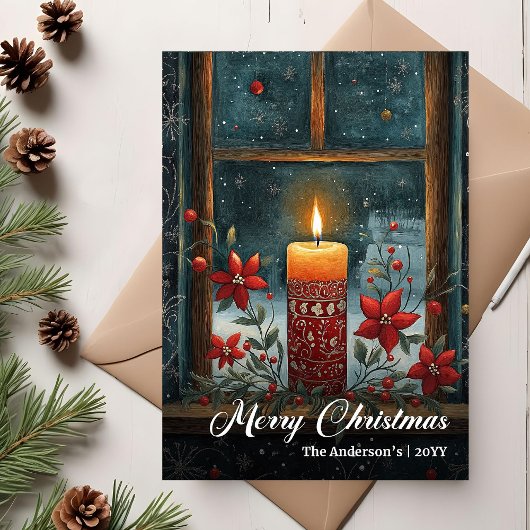 Modern Retro Christmas Candle Holiday Card Feestdagenkaart