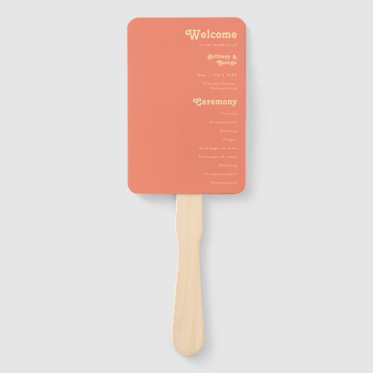 Modern Retro | Coral Wedding Programme Hand Fan Handwaaier (Voorkant)