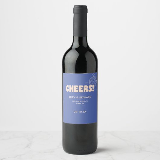 Modern Retro Dark Blue "Cheers!" Custom Wedding Wijn Etiket (Voorkant)