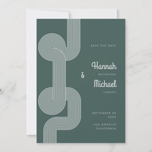 Modern Retro Dark Green Geometric Line Wedding Save The Date (Voorkant)
