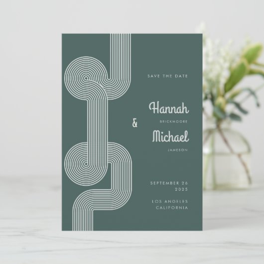 Modern Retro Dark Green Geometric Line Wedding Save The Date (Staand voorkant)