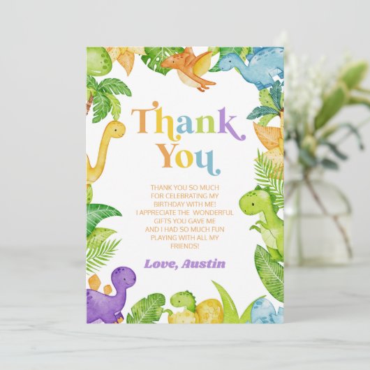 Modern Retro Dinosaur Birthday Party Bedankkaart (Staand voorkant)