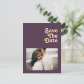 Modern Retro | Donkere Paarse Foto Save The Date Uitnodiging Briefkaart (Staand voorkant)