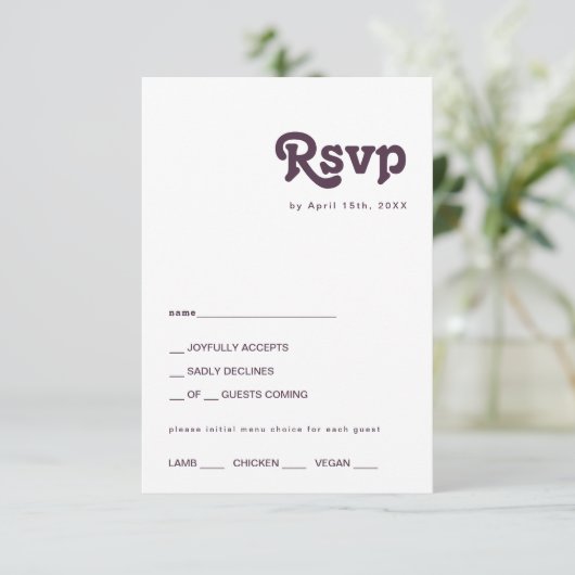 Modern Retro | Donkere Paarse menu Keuze RSVP-kaar (Staand voorkant)
