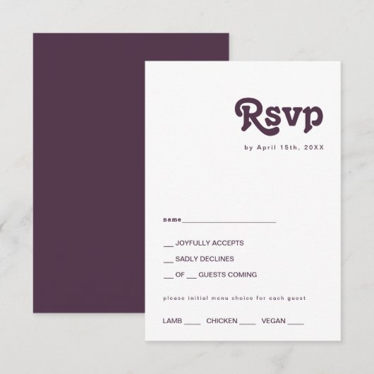 Modern Retro | Donkere Paarse menu Keuze RSVP-kaar (Voorkant / Achterkant)